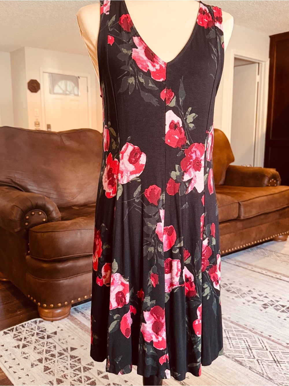Premise Black Midi Dress with Red & Pink Floral Print
